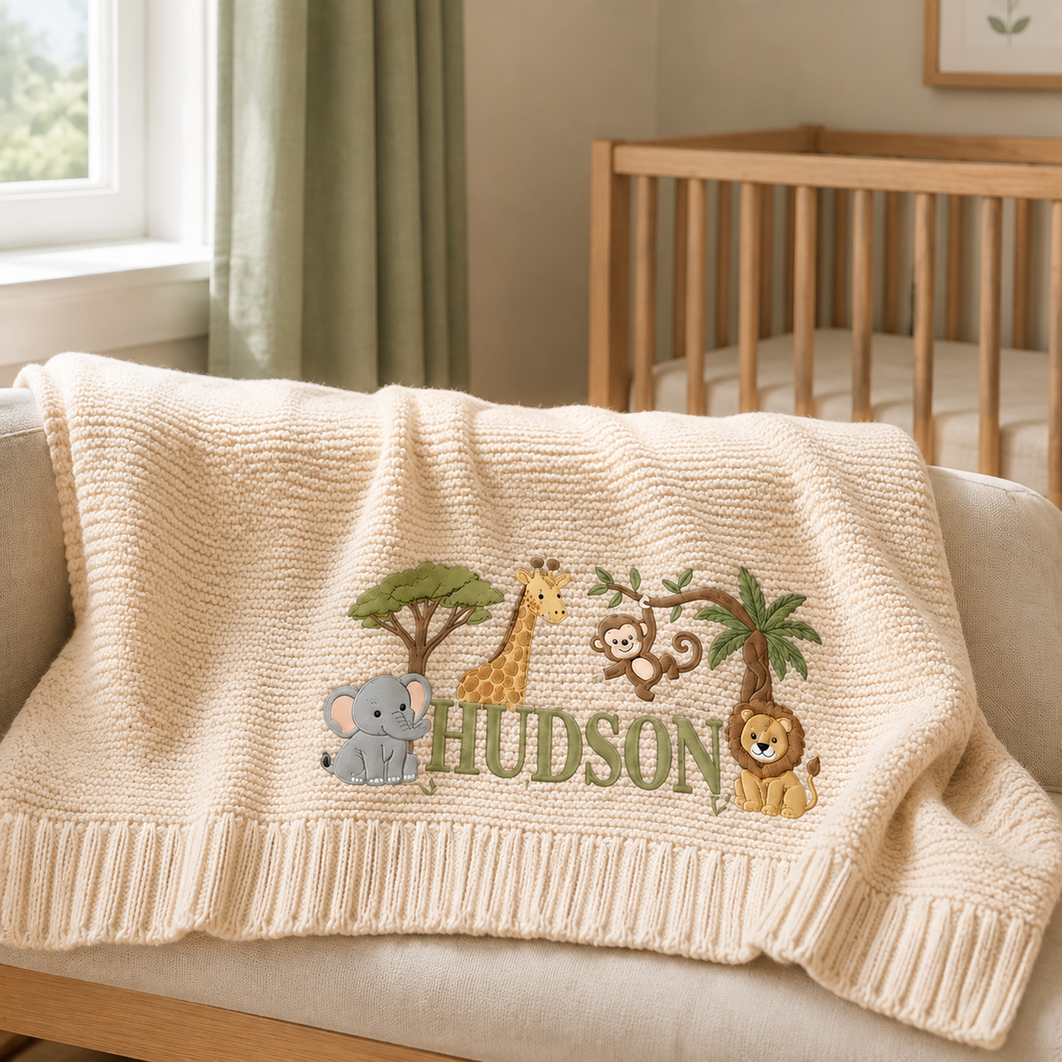 Personalized Safari Jungle Knit Baby Blanket with Embroidered Name