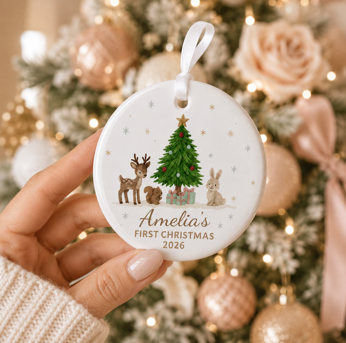 Personalized Baby First Christmas Woodland Animals Ceramic Ornament