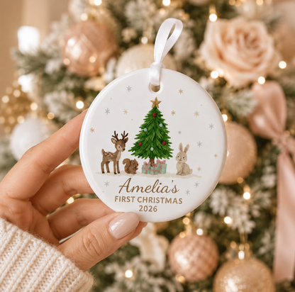 Personalized Baby First Christmas Woodland Animals Ceramic Ornament