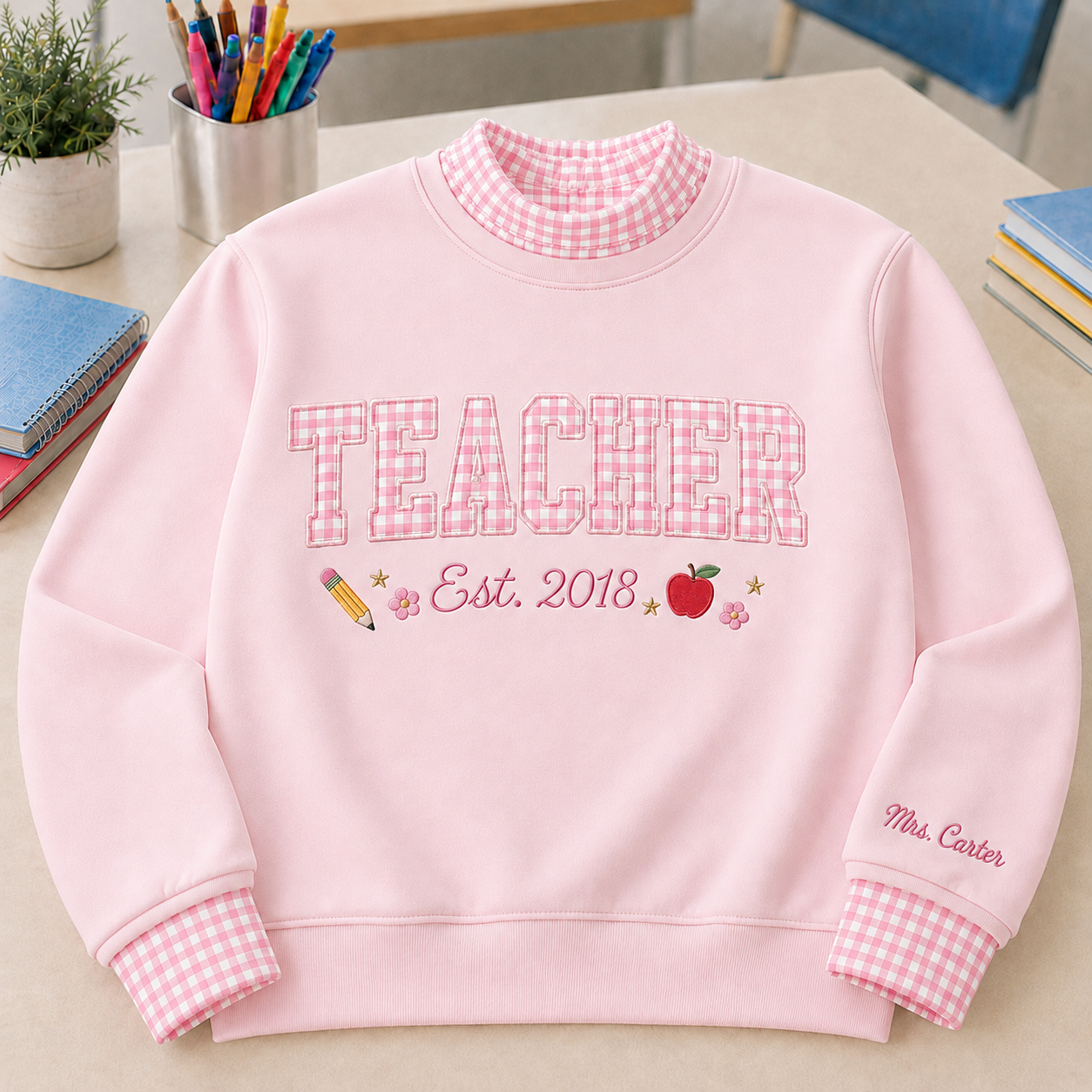 Cute Gingham Sweatshirt for Teachers with Personalized Name Sleeve