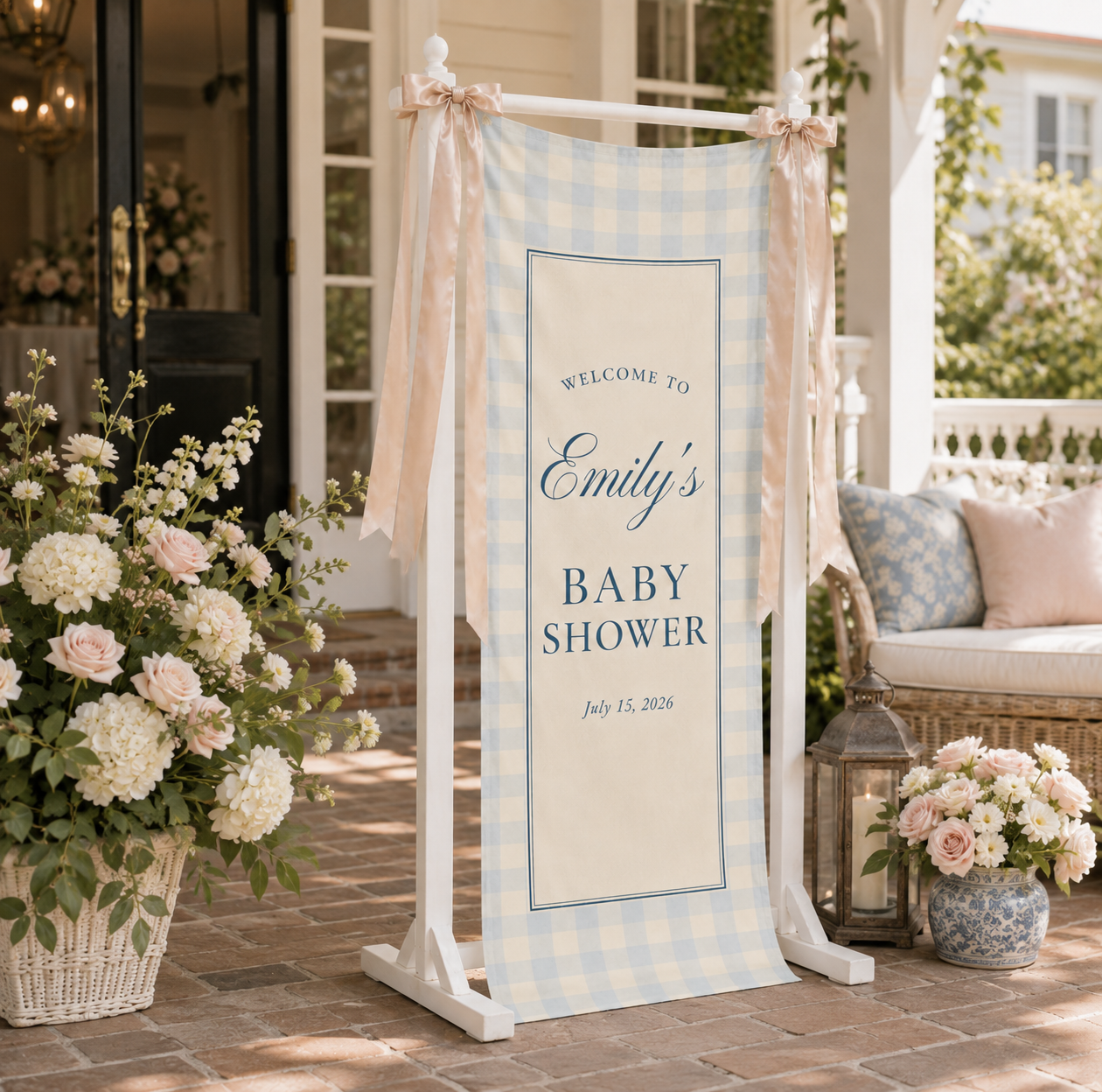 Personalized Blue Gingham Baby Shower Banner
