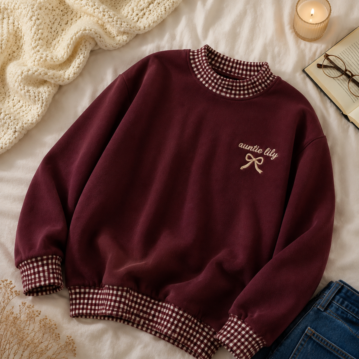 Sweet Personalized Auntie Sweatshirt for New Aunts with Gingham Trim