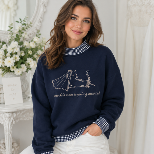 Personalized Cat Mom Getting Married Gingham Mockneck Sweatshirt