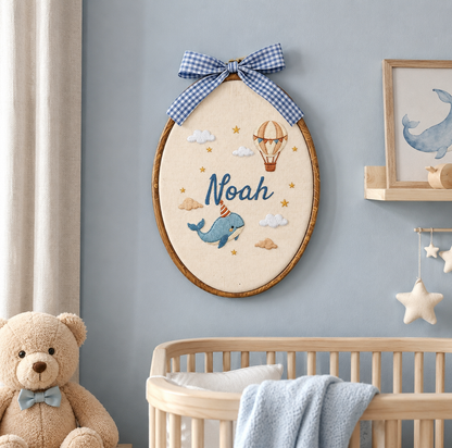 Personalized Whale & Hot Air Balloon Baby Name Embroidery Hoop