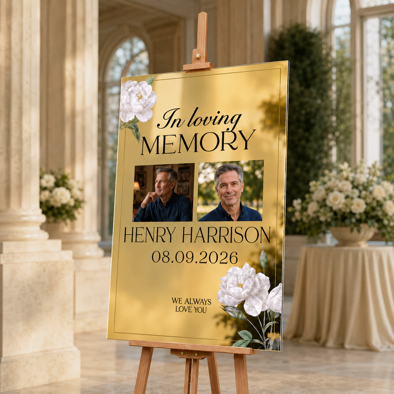 Personalized White Rose Gold Mirror Double Photo Memorial Sign