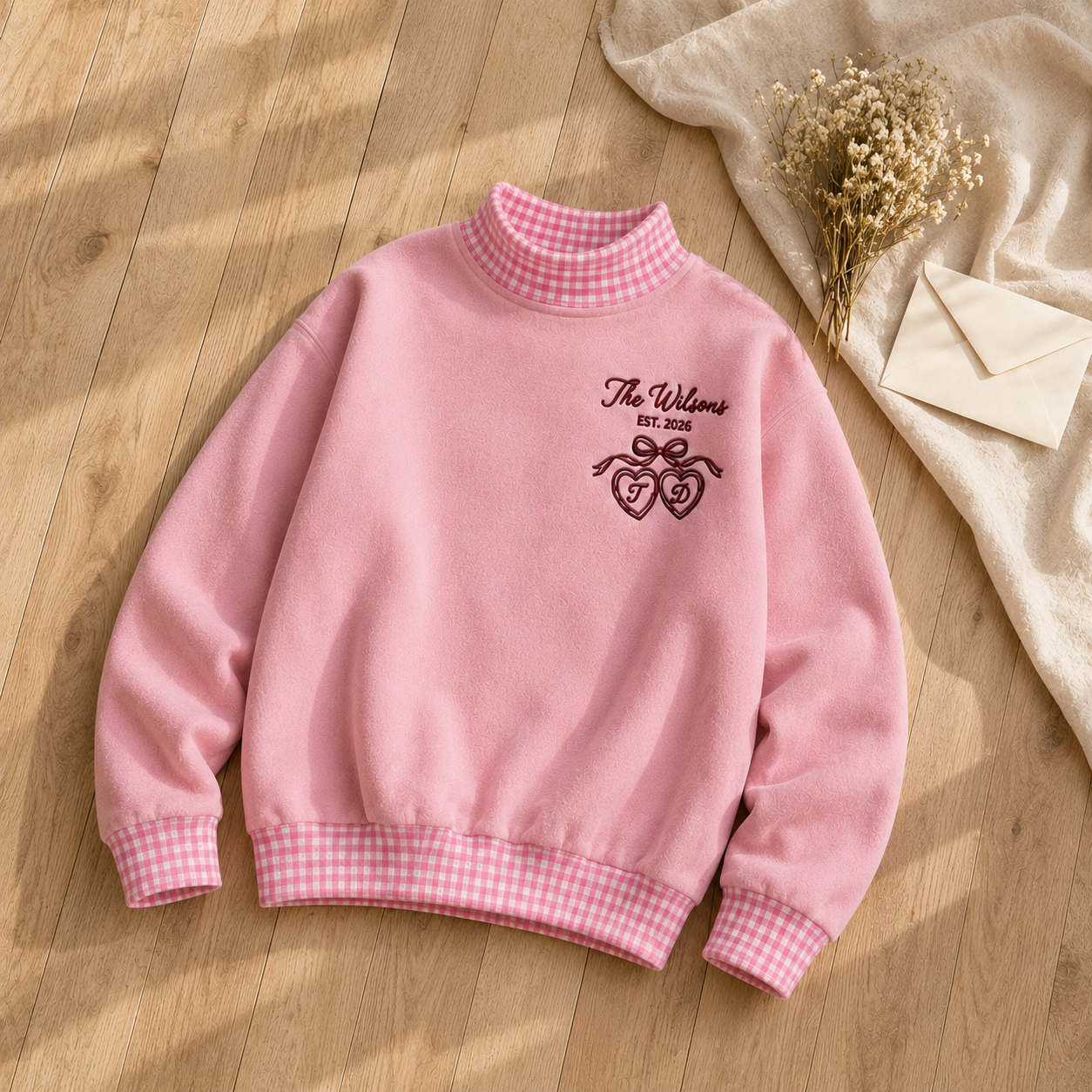 Sweet Personalized Gingham Sweatshirt for Newlyweds with Family Name