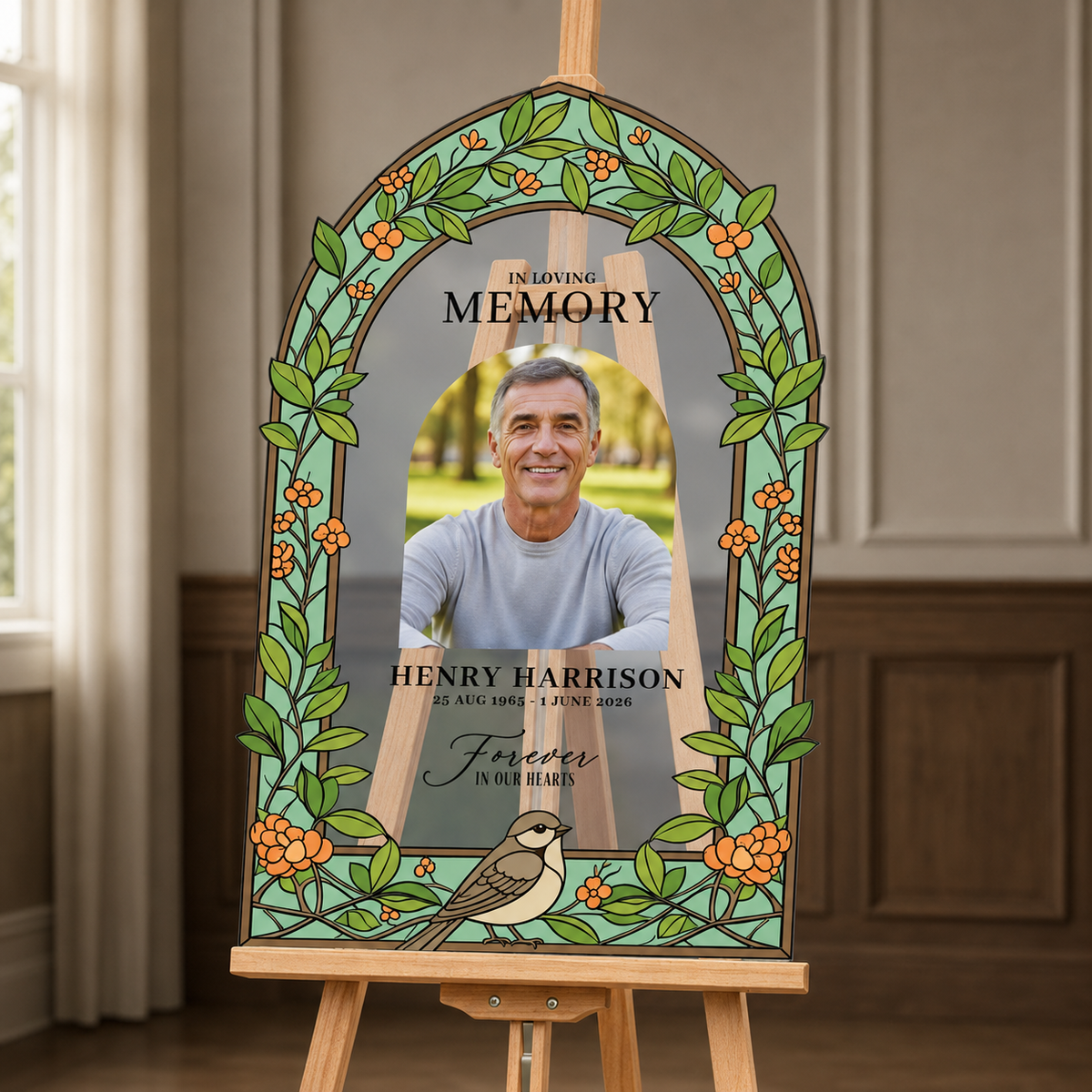 Personalized Sparrow and Orange Blossom Acrylic Memorial Photo Sign