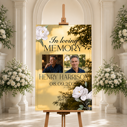 Personalized White Rose Gold Mirror Double Photo Memorial Sign