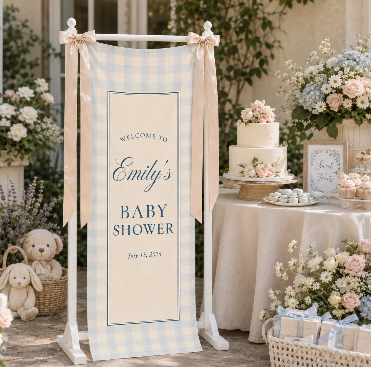 Personalized Blue Gingham Baby Shower Banner