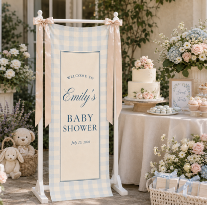 Personalized Blue Gingham Baby Shower Banner