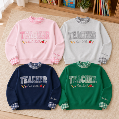 Cute Gingham Sweatshirt for Teachers with Personalized Name Sleeve