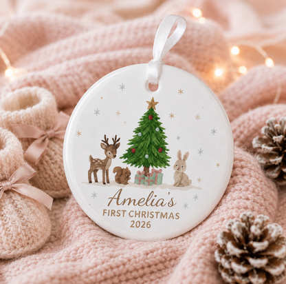 Personalized Baby First Christmas Woodland Animals Ceramic Ornament