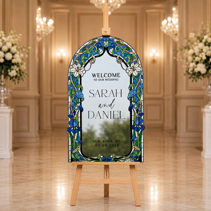 Personalized Blue Iris Stained Glass Wedding Welcome Sign