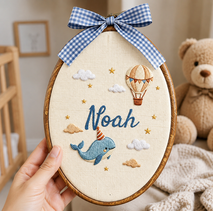 Personalized Whale & Hot Air Balloon Baby Name Embroidery Hoop