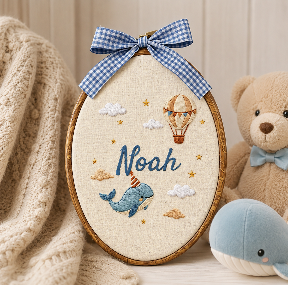 Personalized Whale & Hot Air Balloon Baby Name Embroidery Hoop