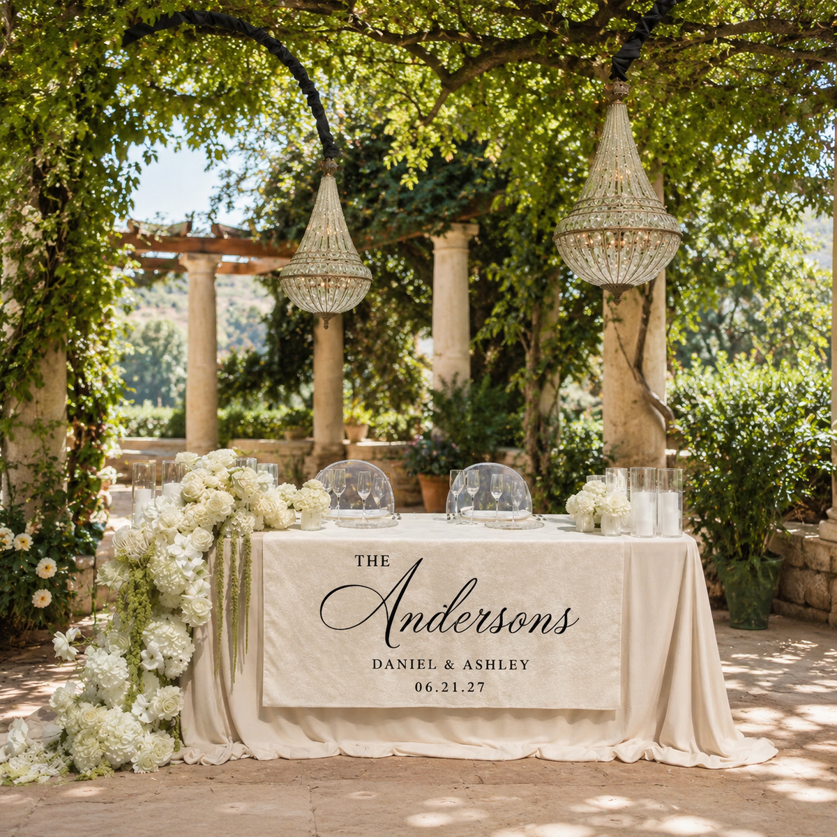 Elegant Wedding Table Runner for Reception Personalized Last Name Design