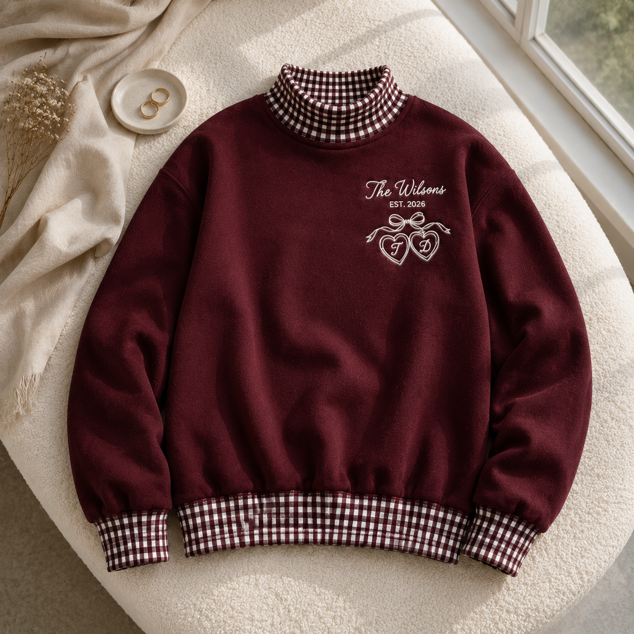 Sweet Personalized Gingham Sweatshirt for Newlyweds with Family Name