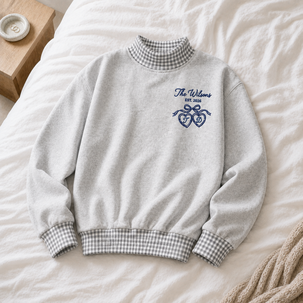 Sweet Personalized Gingham Sweatshirt for Newlyweds with Family Name