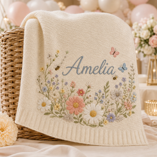 Personalized Wildflower Meadow Embroidered Baby Knit Blanket with Bees & Butterflies