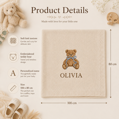 Personalized Teddy Bear Baby Embroidered Blanket