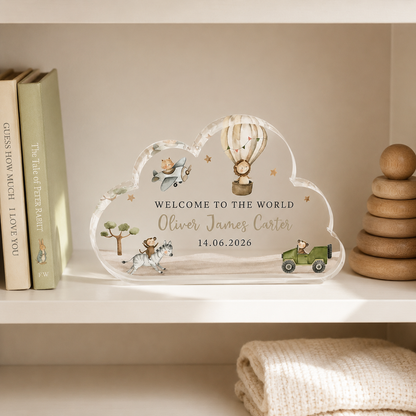 Personalized Safari Cloud Acrylic Newborn Keepsake – Name & Birth Date
