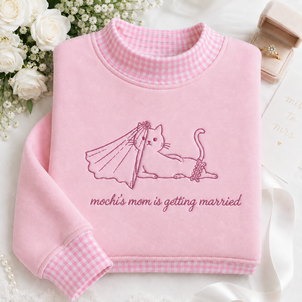 Personalized Cat Mom Getting Married Gingham Mockneck Sweatshirt