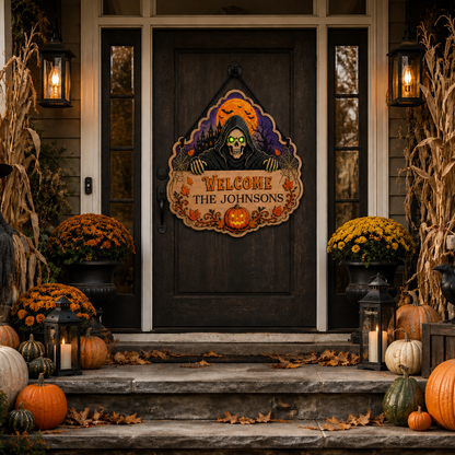 Personalized Grim Reaper Halloween Wooden Door Sign