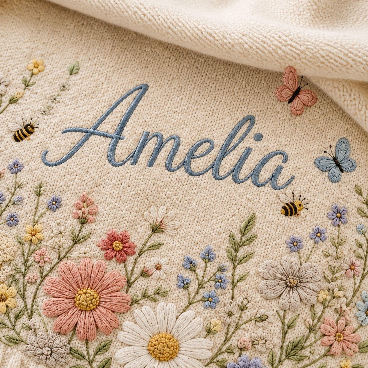 Personalized Wildflower Meadow Embroidered Baby Knit Blanket with Bees & Butterflies