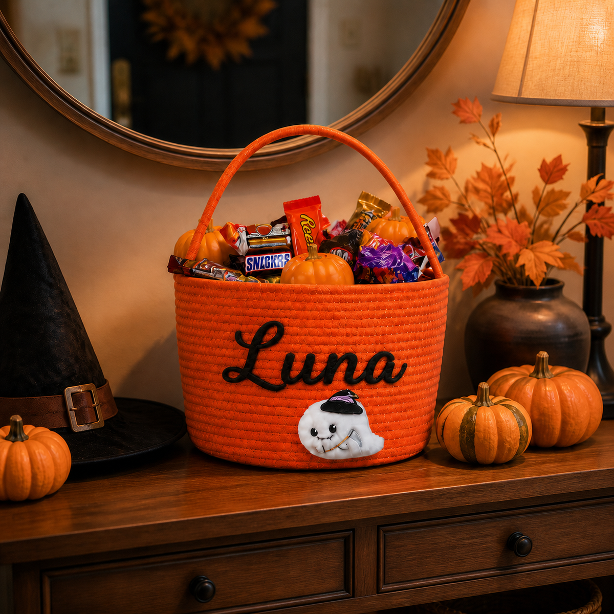 Personalized Embroidered Halloween Ghost Trick or Treat Basket