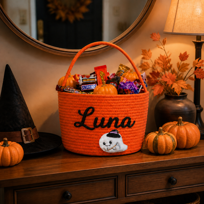 Personalized Embroidered Halloween Ghost Trick or Treat Basket