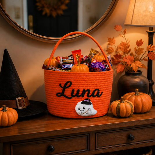 Personalized Embroidered Halloween Ghost Trick or Treat Basket