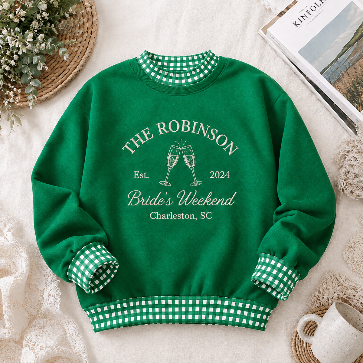 Personalized Gingham Sweatshirt for Bachelorette Weekend, Name & Location