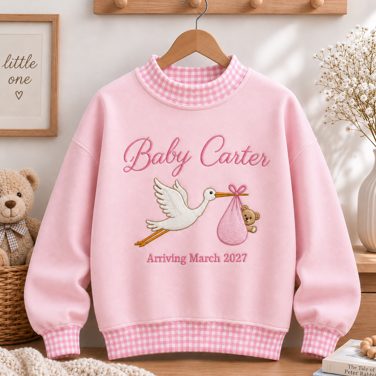 Personalized Baby Announcement Gingham Mockneck Sweatshirt