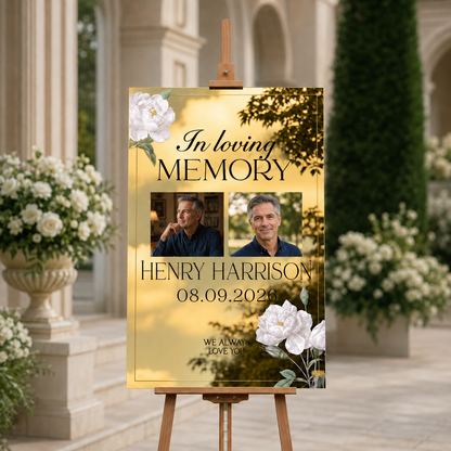 Personalized White Rose Gold Mirror Double Photo Memorial Sign