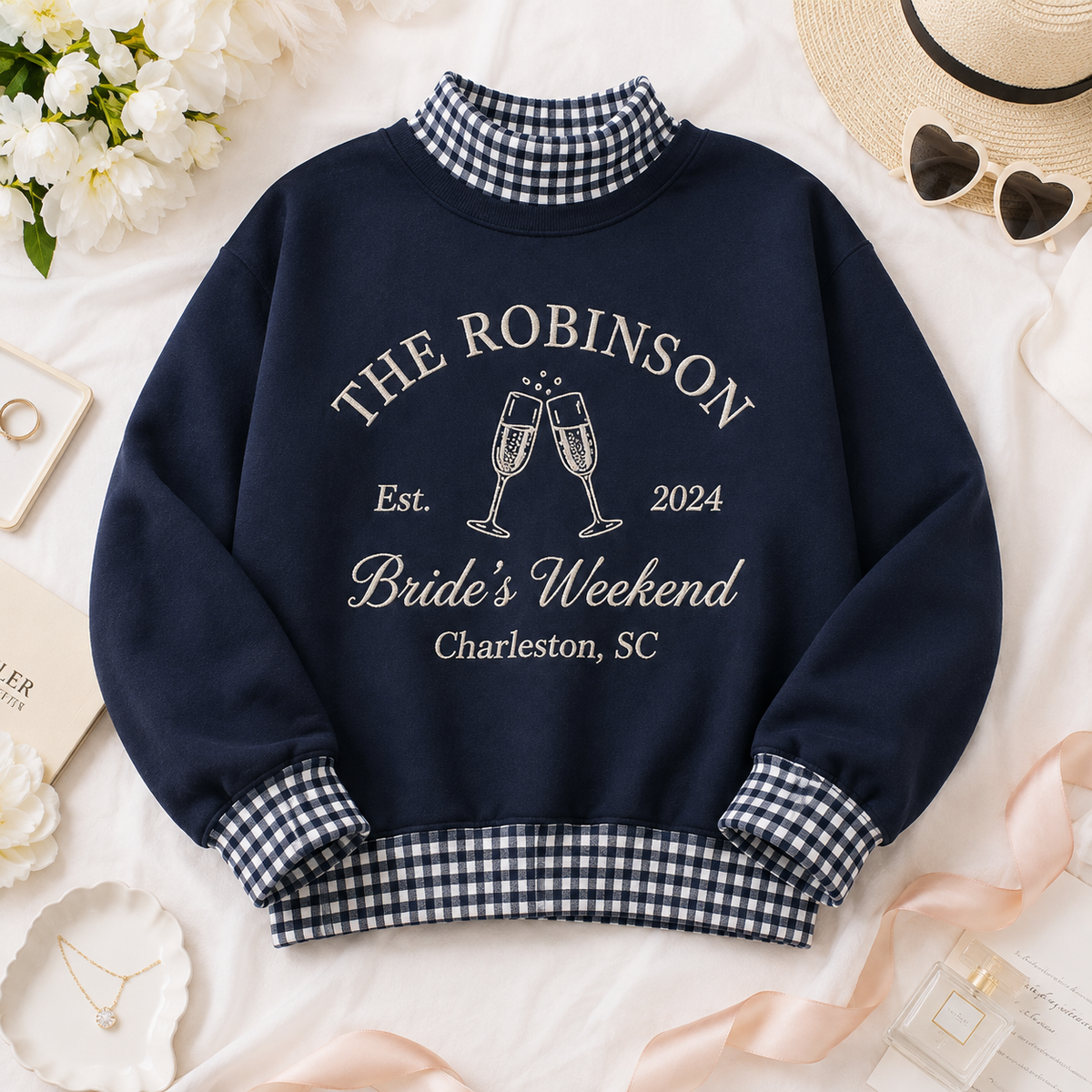 Personalized Gingham Sweatshirt for Bachelorette Weekend, Name & Location