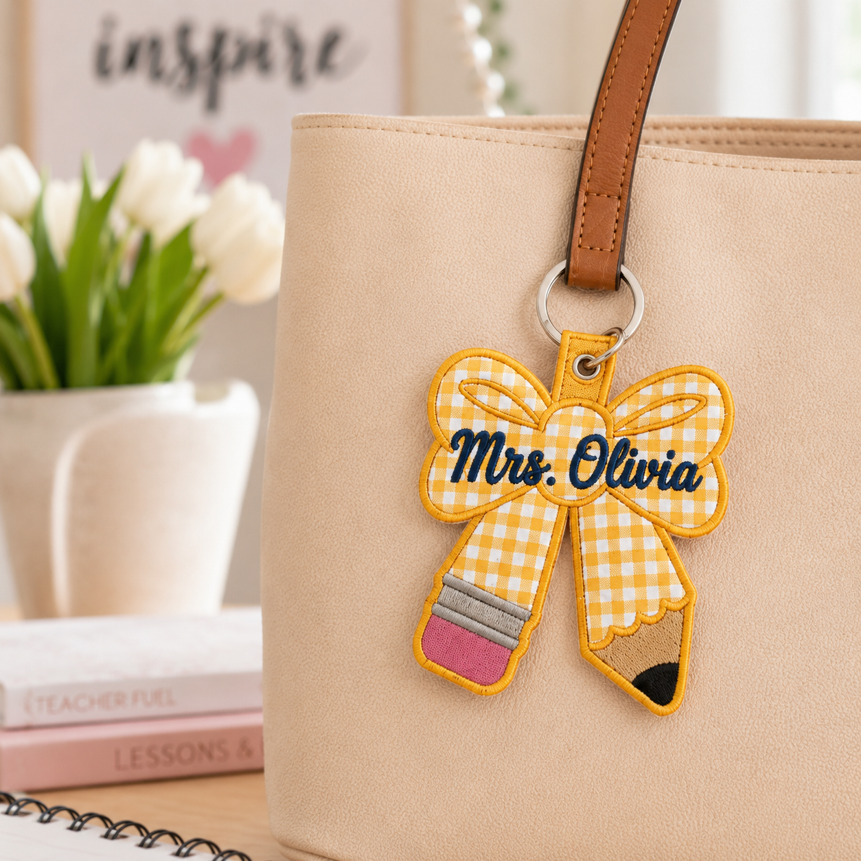 Personalized Teacher Pencil Bow Keychain