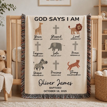 Personalized God Says I Am Baptism Blanket Safari Animals