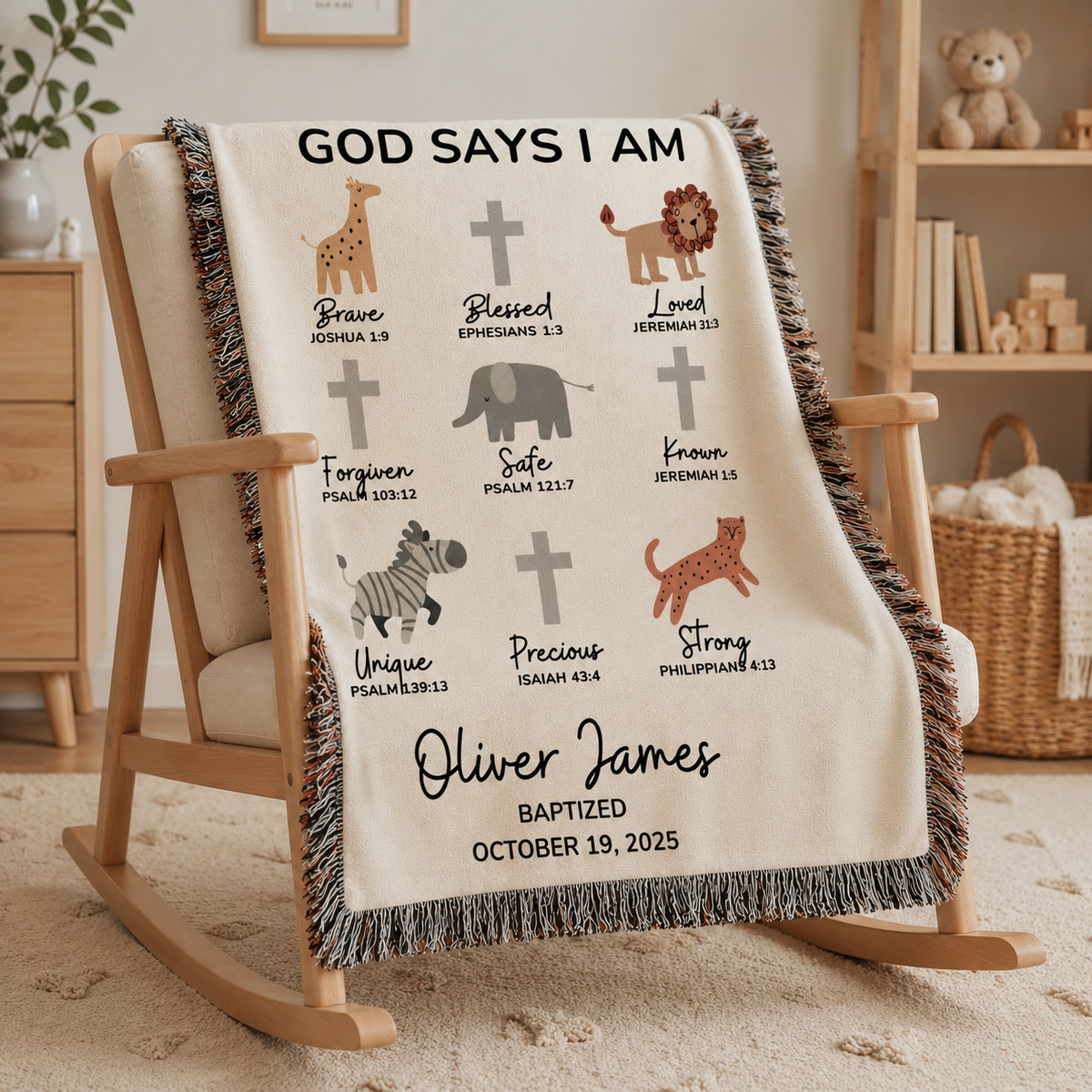 Personalized God Says I Am Baptism Blanket Safari Animals