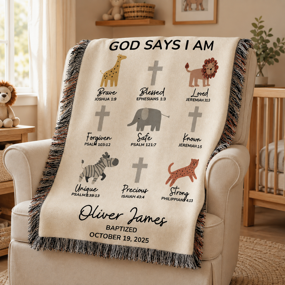 Personalized God Says I Am Baptism Blanket Safari Animals