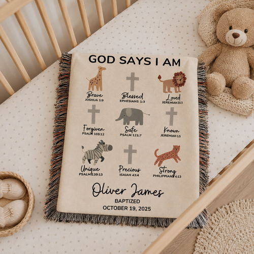 Personalized God Says I Am Baptism Blanket Safari Animals