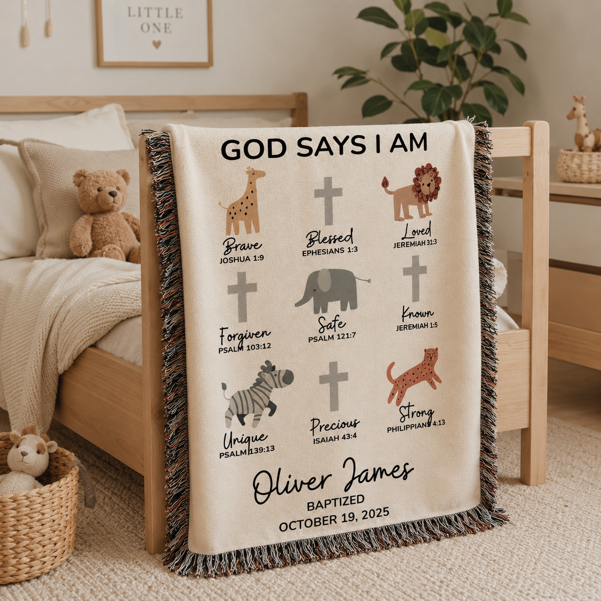 Personalized God Says I Am Baptism Blanket Safari Animals