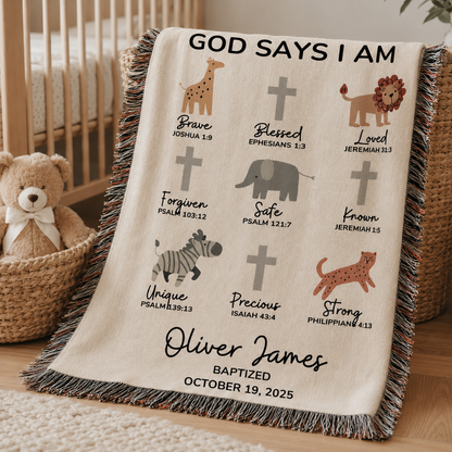 Personalized God Says I Am Baptism Blanket Safari Animals