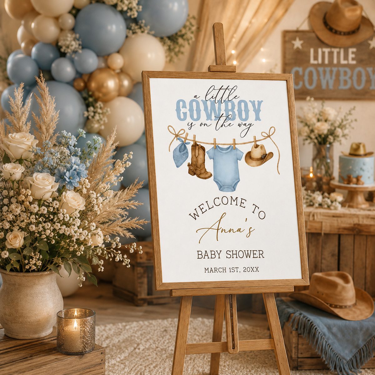 Personalized Printed & Shipped Little Cowboy Baby Shower Welcome Sign
