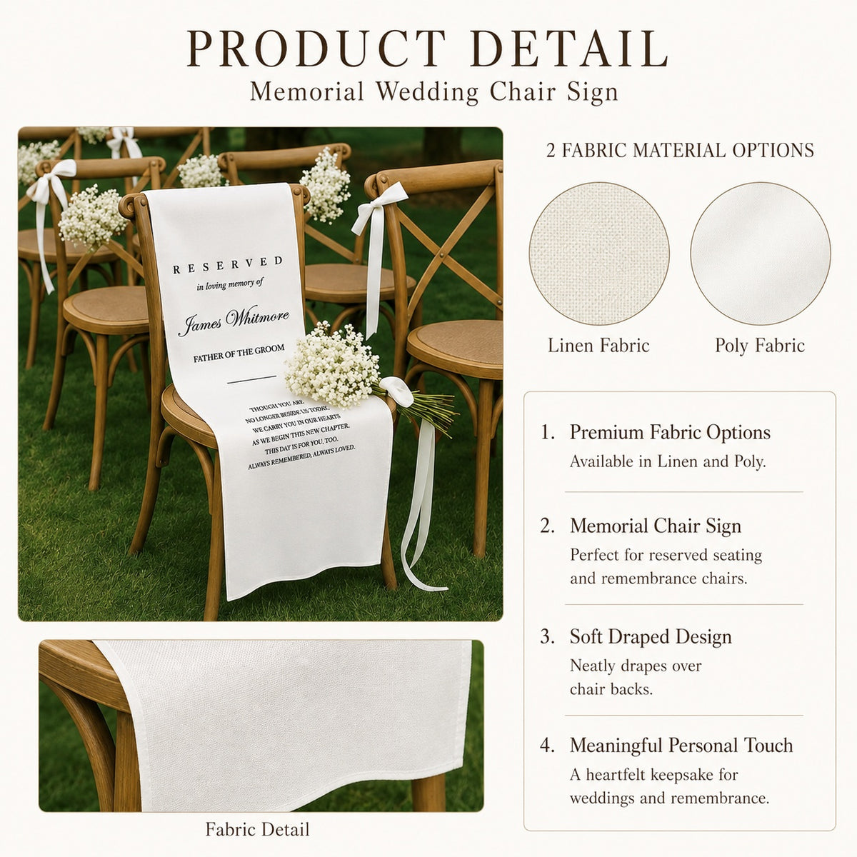 Personalized Wedding Chair Sign In Loving Memory White Fabric