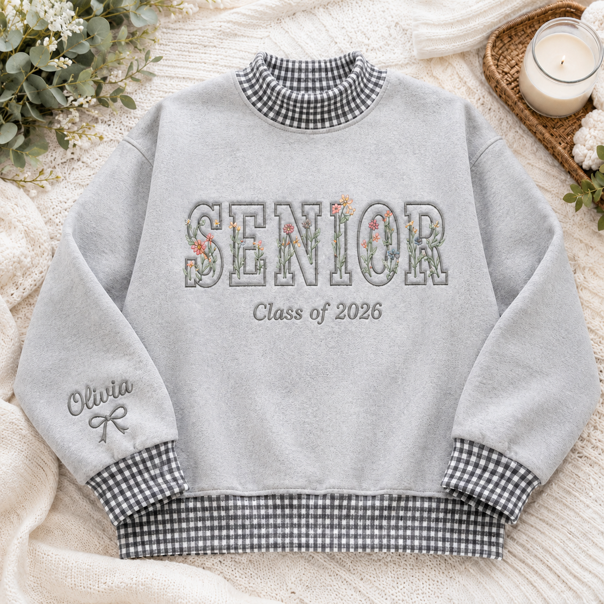Ash gray personalized senior sweatshirt with floral embroidery details
