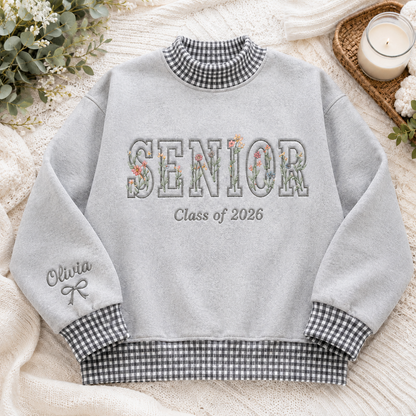 Ash gray personalized senior sweatshirt with floral embroidery details