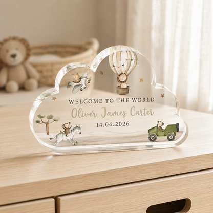Personalized Safari Cloud Acrylic Newborn Keepsake – Name & Birth Date