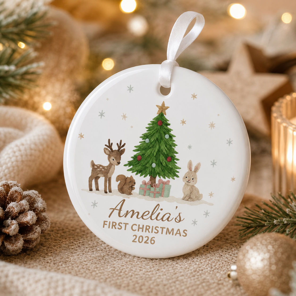 Personalized Baby First Christmas Woodland Animals Ceramic Ornament