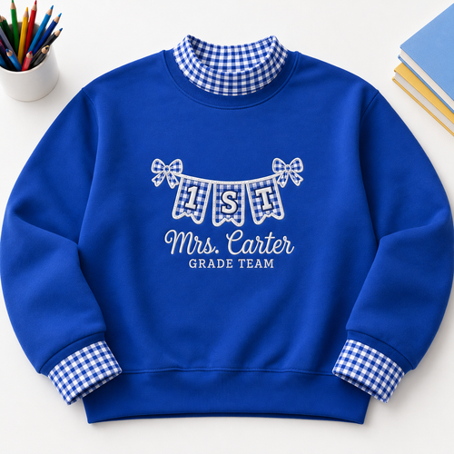 Teacher Embroidery Sweatshirt Gingham with Personalized Grade Pennant