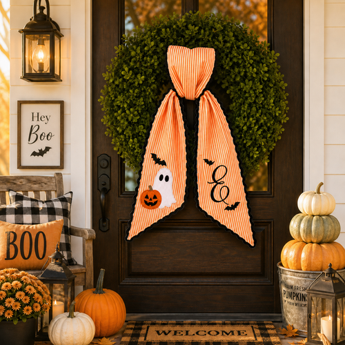 Personalized Halloween Ghost & Bat Embroidered Wreath Sash